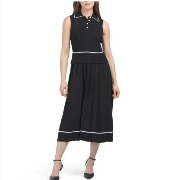 Shoshanna Clarkson Dress NWT Ribbed Knit Sleeveless Pleated Skirt Black White M - Picture 10 of 10